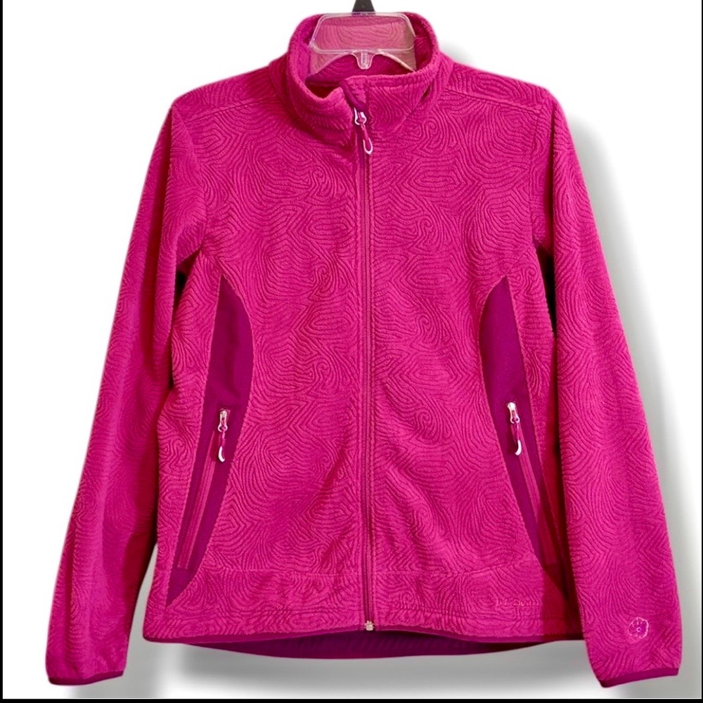 L.L. Bean Textured Fleece Jacket Pink Berry Floral Trim M - Picture 2 of 12